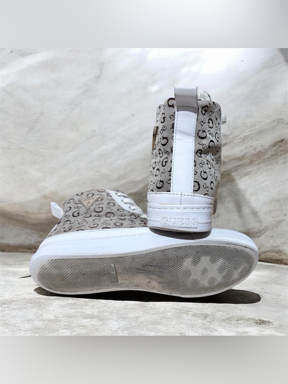 Guess Monogram High-Top Sneakers in Beige and White - Picture 4 of 5